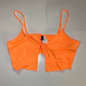 New H&M Orange Tie Front Crop Halter Top Curvy Fit Spaghetti Straps Size L